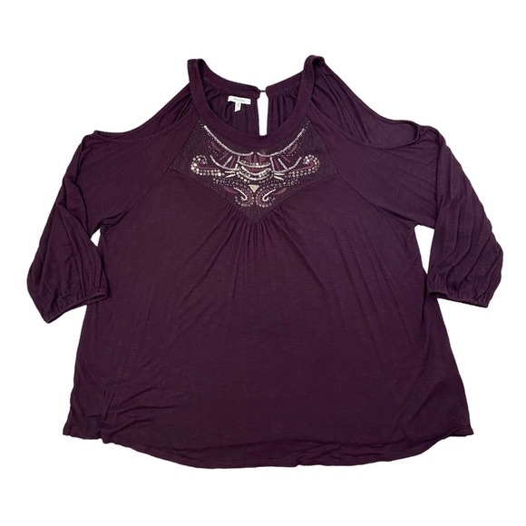 Maurices Top Size 2 Plus 2X Plum Purple Cold Shoulder Embellished Sequin Mesh - Picture 9 of 10